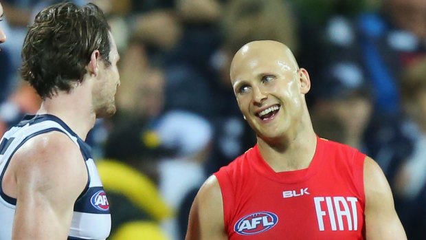 Return fire: Ex-Cat Gary Ablett compares notes with new recruit Patrick Dangerfield.