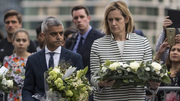 Mayor of London Sadiq Khan and Home Secretary Amber Rudd take part in a vigil for the victims of the London Bridge attack.