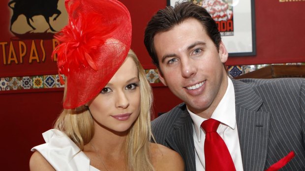 Grant Hackett and his then-wife Candice Alley at the Emirates marquee in the Birdcage at Flemington in 2010.