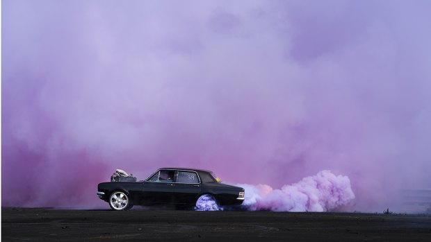 Purple loader from the Burnout exhibition at Australian Centre of Photography, Sydney.