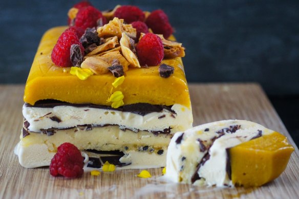 Mango and passionfruit Viennetta-inspired ice-cream cake.