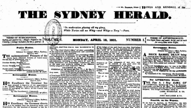 The front page of the first <i>Herald</i>, published on  April 18, 1831.