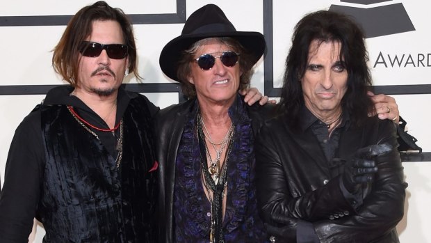 (L-R) Actor-musician Johnny Depp, musician Joe Perry, and singer Alice Cooper of the Hollywood Vampires at the 58th Grammy Awards.