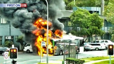 A bus exploded into flames at Nerang.