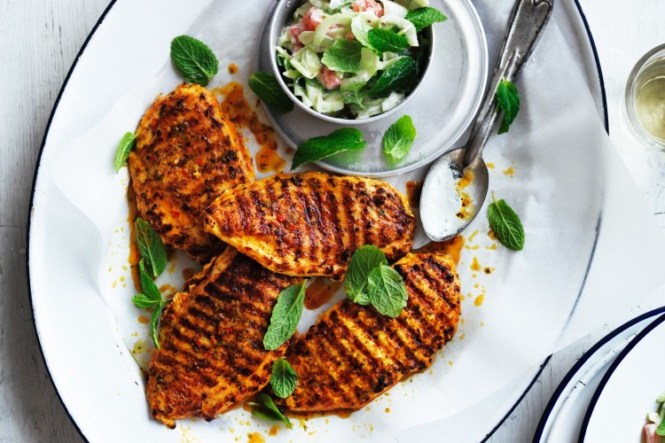 Neil Perry's grilled chicken breast with cucumber and yoghurt relish.