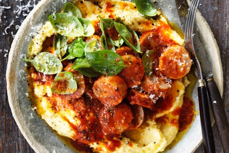 Adam Liaw's simple recipe for sausages in sugo with creamy polenta.