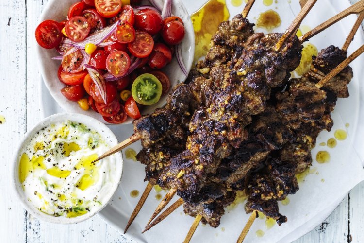 Spicy lamb skewers with cucumber yoghurt.