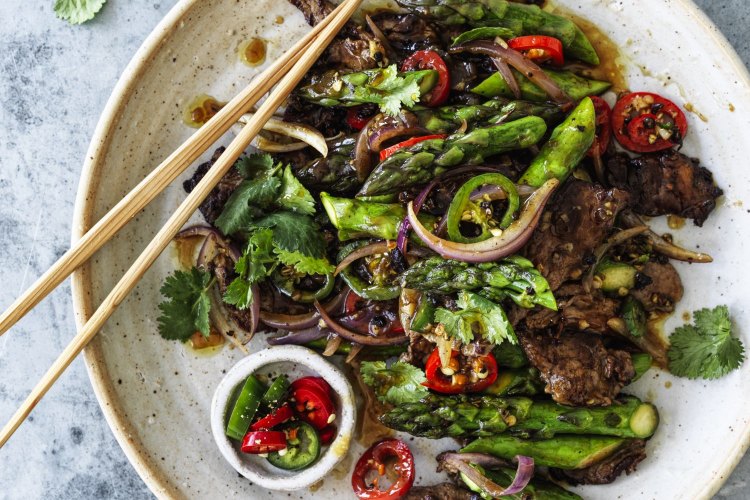 Neil Perry's black pepper chilli beef and asparagus stir-fry.