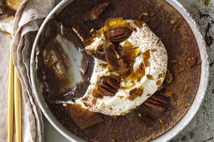 Helen Goh's baked chocolate custard with pecan brittle.