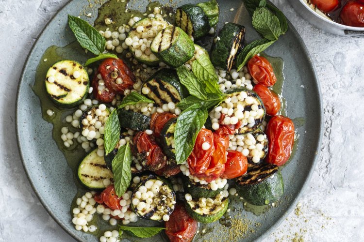 Grilled zucchini salad with cous cous and cherry tomato confit.