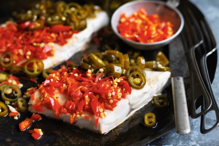 Hunan-style steamed blue-eye trevalla with salted red chilli and pickled green chilli.