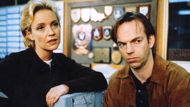 Rebecca Gibney and Hugo Weaving on the set of Halifax f.p. in 1998. Gibney is reprising the role in a reboot.