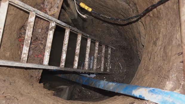 A ladder leading to a 10-metre-long tunnel  found in Toronto.