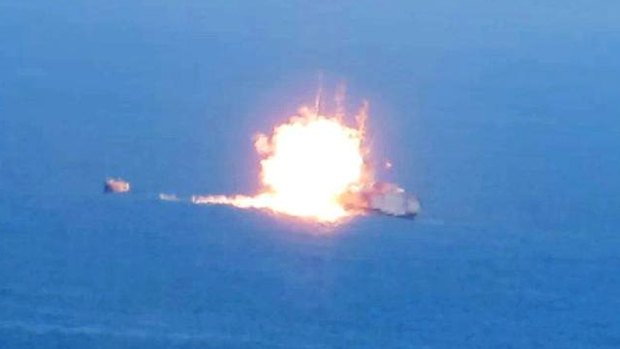 This image posted on a militant social media account affiliated with the Egyptian branch of Islamic State shows a fireball rising from an Egyptian Navy vessel.