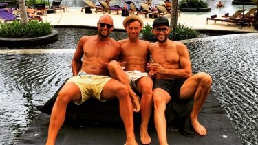 From left:  Nick Russian, Dan Beckwith and Simon Phan holidaying in Bali for Mark Ipaviz's buck's celebrations.