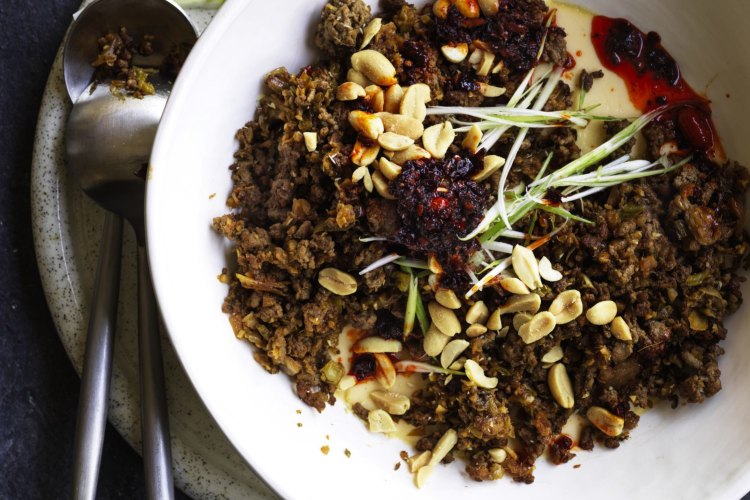 Stir-fried beef mince with peanuts, chilli oil and steamed egg custard.