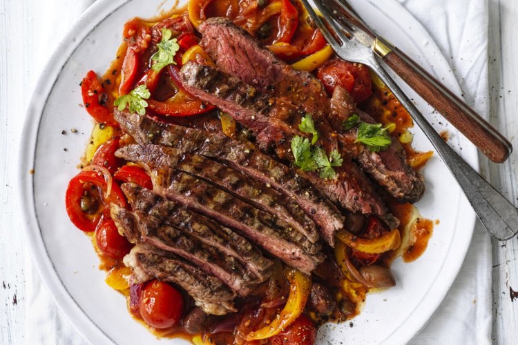 Grilled grass-fed sirloin with peperonata.
