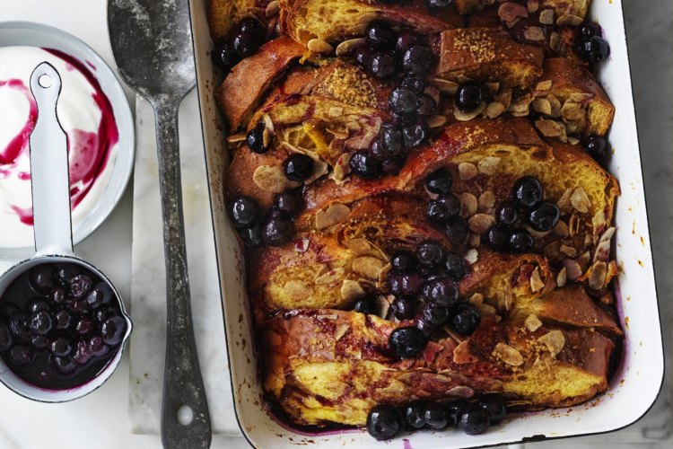 Helen Goh's baked French toast with almond and blueberry maple sauce.