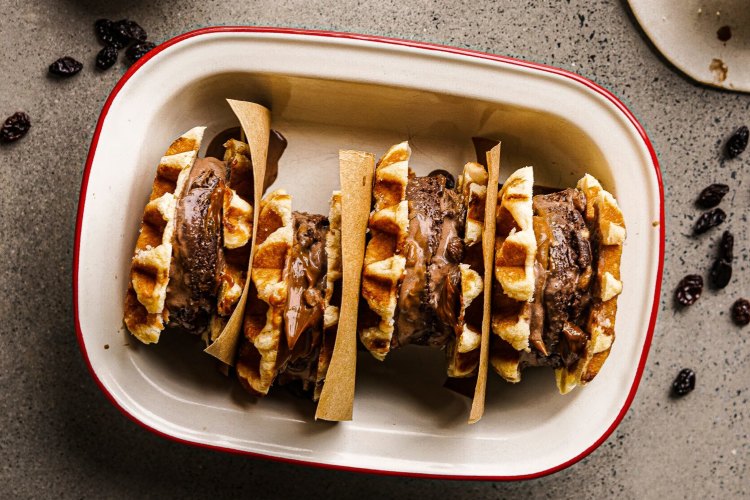 Rum 'n' raisin 'n' rum ball ice-cream sandwiches with mini waffles.