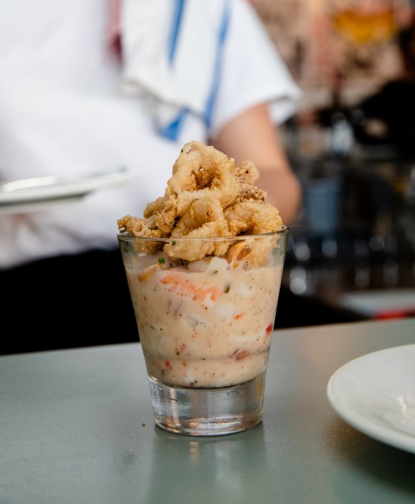 Sydney restaurant Pepito's leche de tigre with kingfish, prawns, lime, chilli and fried calamari on top.