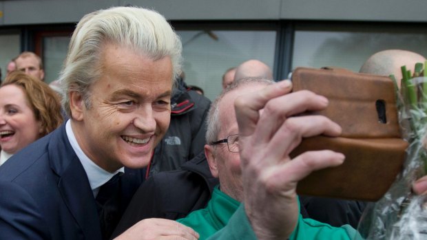 Dutch Anti-Islam lawmaker Geert Wilders poses for a picture during an election campaign stop in Spijkenisse, near Rotterdam, Netherlands. 
