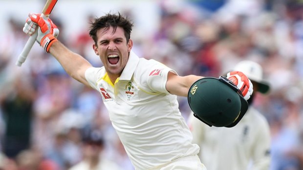 Sweet vindication: Mitchell Marsh roars with delight after posting his breakthrough Test ton.