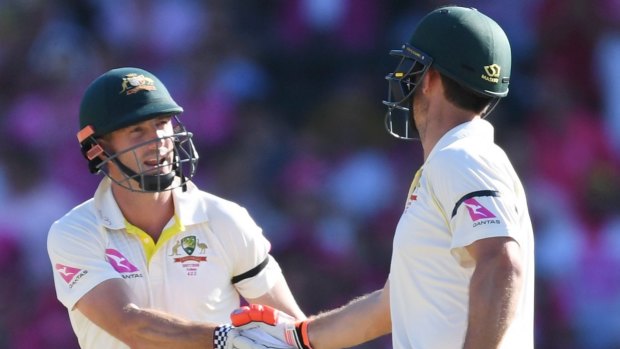 Brothers in arms: Shaun Marsh congratulates Mitchell on bringing up 50.