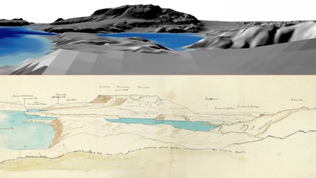 Top: Digital elevation oblique view of Mount Tarawera and the surrounding landscape near Lake Tarawera based on von Hochstetter's (1859) survey notes. Bottom: Watercolor and pencil sketch of the same view crafted by Ferdinand von Hochstetter April 1859.
