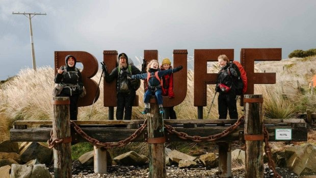 Deanna and Tom Gerlach and their kids smell the finish line when entering Bluff on the Te Araroa Trail.