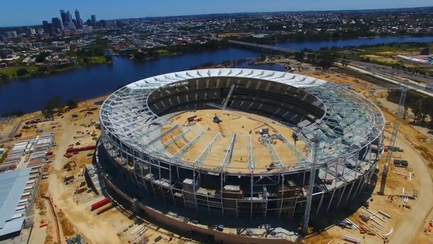An aerial view of the new Perth Stadium during construction. 