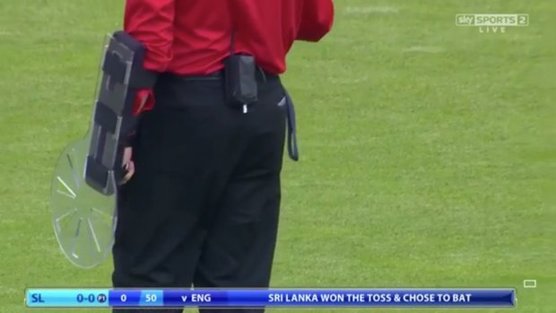 Australian umpire Bruce Oxenford's  protective forearm shield.