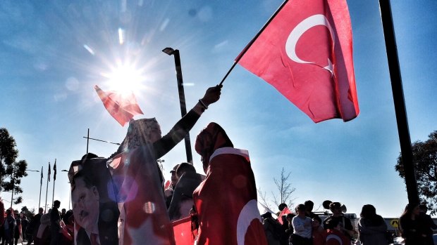 Members of Melbourne's Turkish community meet outside Broadmeadows Library in Melbourne, in support of Turkey's president after a failed coup attempt in Turkey. Melbourne, Saturday July 16, 2016. Photo: Luis Ascui
