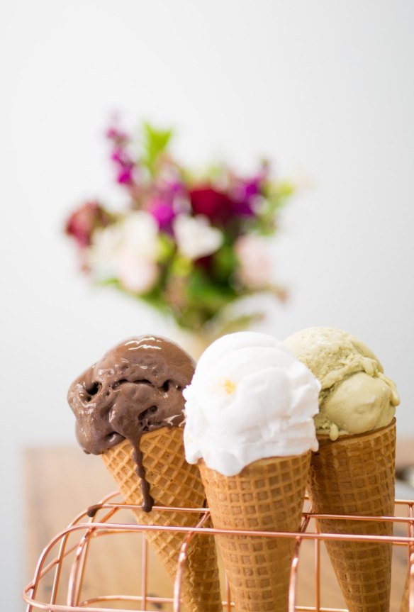 Cones of vegan chocolate, coconut sorbet with jackfruit, and pistachio gelato at Beku, which also offers more unusual flavours inspired by Korean snacks.