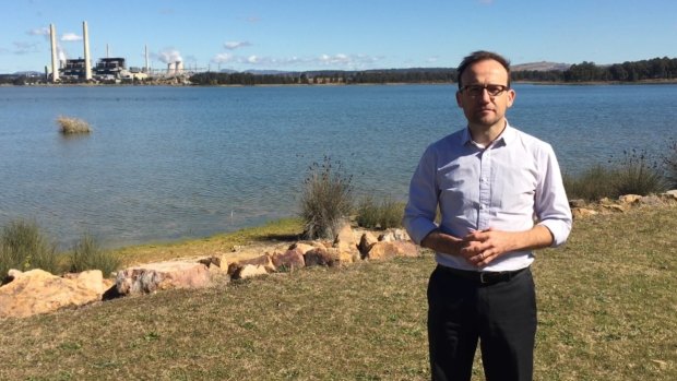 Greens deputy leader Adam Bandt in front of the Liddell and Bayswater coal-fired power stations.