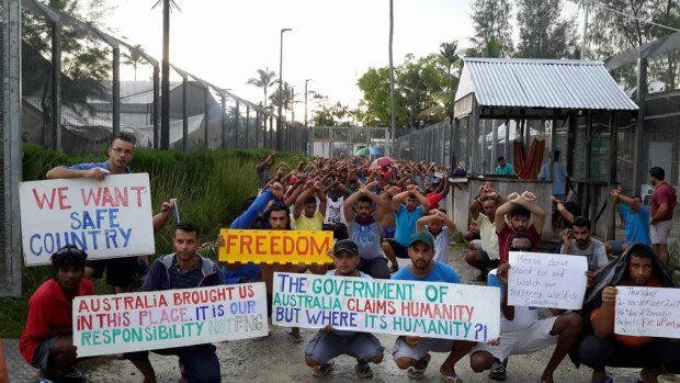 Refugees and asylum seekers protesting this week inside the now-closed regional processing facility on Manus Island.
