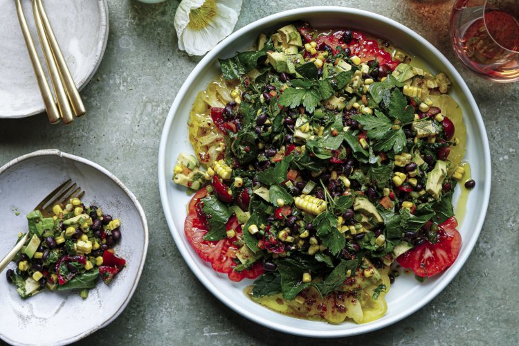 Cowboy caviar salad with heirloom tomatoes.