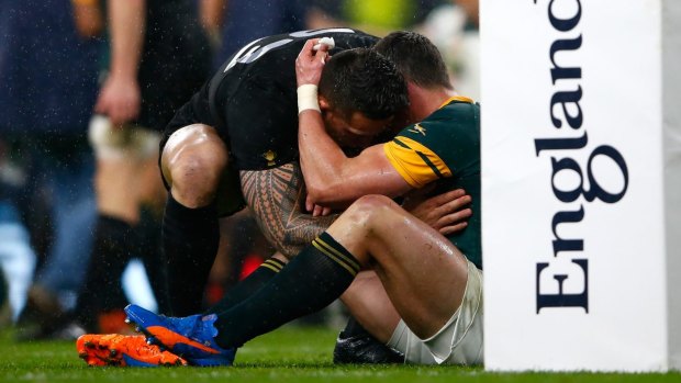 Best under pressure: Jesse Kriel is consoled by Sonny Bill Williams at the end of the All Blacks v Springboks semi.