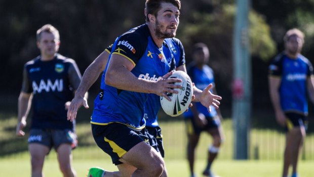 Back in the fold: Eels halfback Kieran Foran on the training field in preparation for Monday's clash with Melbourne.