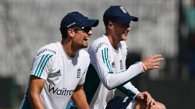 Alastair Cook and Joe Root share a laugh in India.