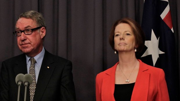 Former PM Julia Gillard with David Gonski. Gillard introduced the no-losers version of needs-based school funding, along with the NDIS.