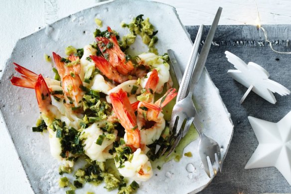 Steamed Ballina king prawns with sea parsley, spring onion and ginger dipping sauce.