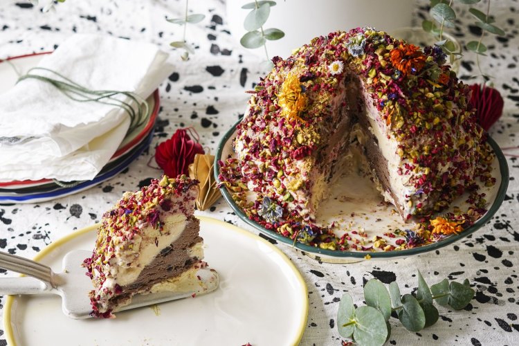 Neapolitan Christmas Bombe ice-cream cake.