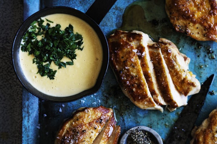 Neil Perry's delicious baked chicken breast, with mouthwatering horseradish cream sauce. 