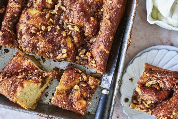 Moravian sugar cake with walnuts and cinnamon.