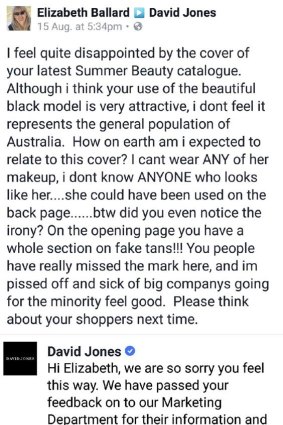The post on the David Jones Facebook page which has angered fans of the brand.