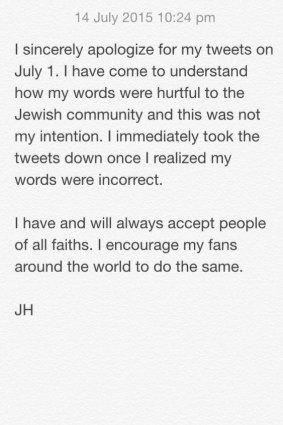 Apologetic: The note Jarryd Hayne posted to his Twitter account.