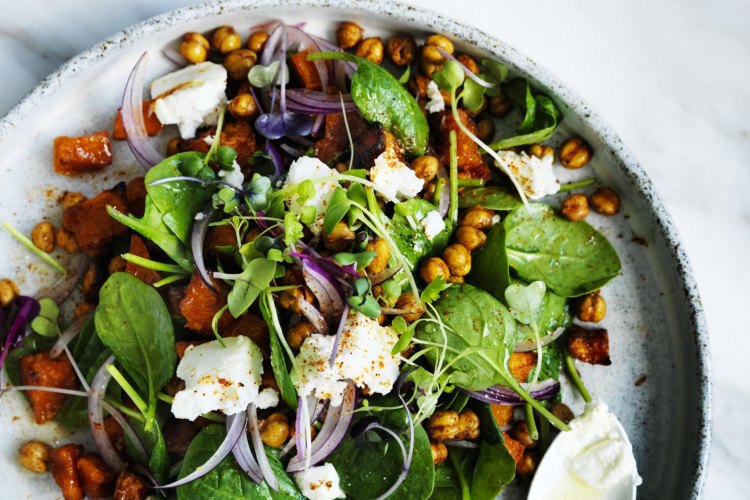 Pumpkin, spinach and roasted chickpea salad.