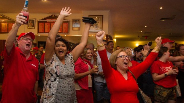 ALP party faithful celebrate winning government at Waratahs football club in Darwin. 