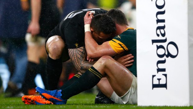 Sportsman: Jesse Kriel  is consoled by Sonny Bill Williams at the end of the match.