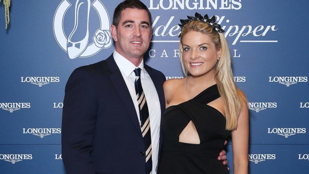 Erin Molan and Sean Ogilvy at the Golden Slipper Day at Rosehill Gardens on March 19, 2016.